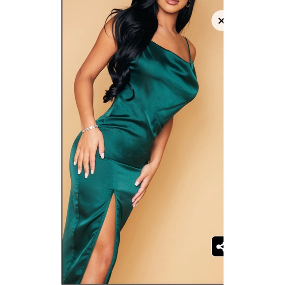 NWT Petite emerald green strappy satin cowl midi dress pretty little thing PLT - Picture 4 of 10